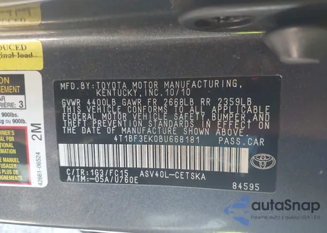 2011 Toyota Camry Se from USA, damaged, VIN 4T1BF3EK0BU668181